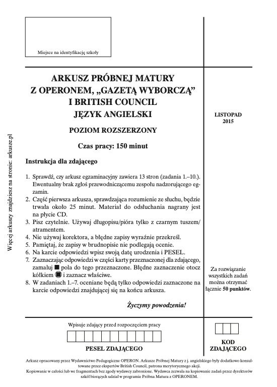 ГДЗ, решения к учебнику Egzamin maturalny Język Angielski. Poziom rozszerzony 2016. Arkusz próbny Operon Украина