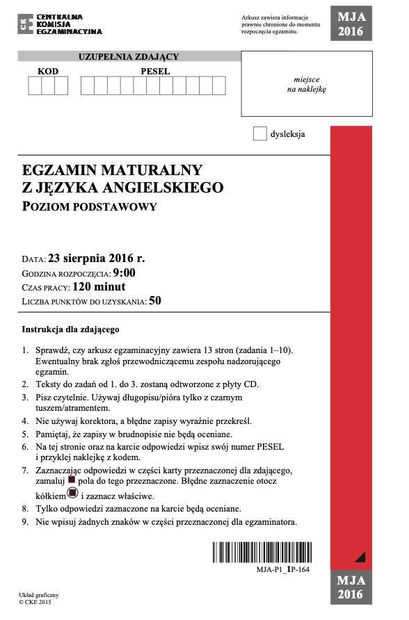 ГДЗ, решения к учебнику Egzamin maturalny Język Angielski. Poziom podstawowy 2016. Matura poprawkowa Украина