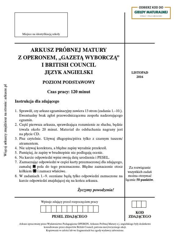 ГДЗ, решения к учебнику Egzamin maturalny Język Angielski. Poziom podstawowy 2017. Arkusz próbny Operon Украина