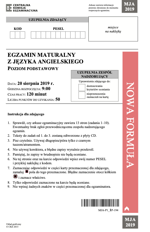 ГДЗ, решения к учебнику Egzamin maturalny Język Angielski. Poziom podstawowy 2019. Matura poprawkowa Украина