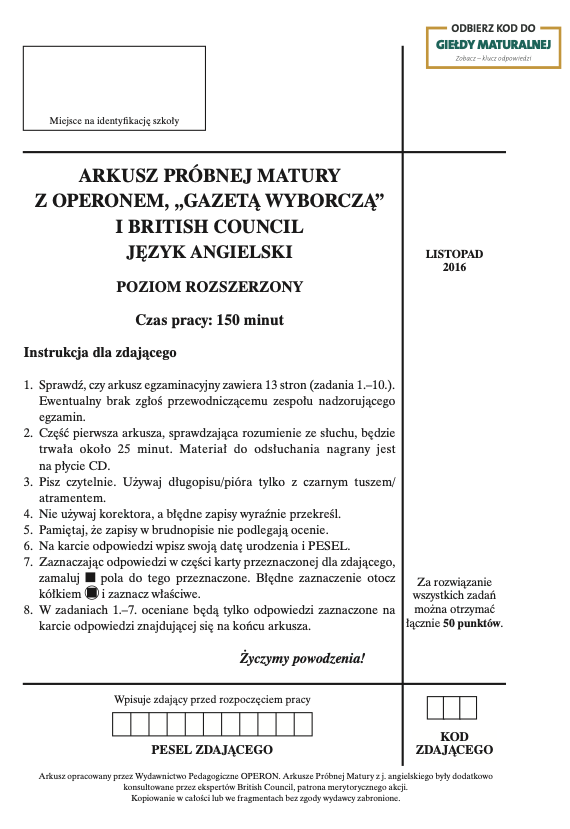 ГДЗ, решения к учебнику Egzamin maturalny Język Angielski. Poziom rozszerzony 2017. Arkusz próbny Operon Украина