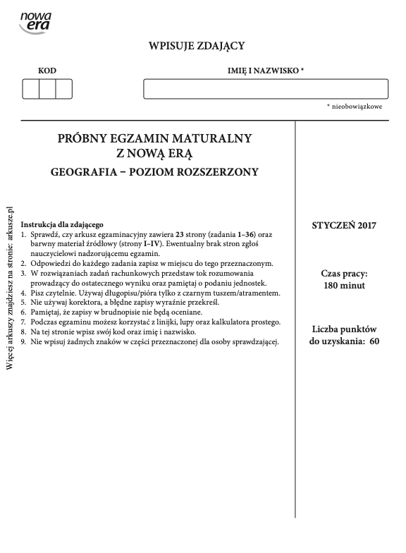 ГДЗ, решения к учебнику Egzamin maturalny Geografia. Poziom rozszerzony 2017. Arkusz próbny Nowa Era Украина