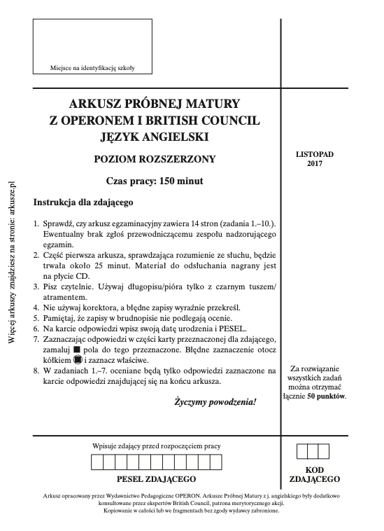 ГДЗ, решения к учебнику Egzamin maturalny Język Angielski. Poziom rozszerzony 2018. Arkusz próbny Operon Украина
