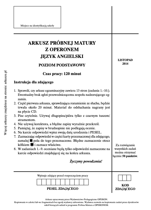 ГДЗ, решения к учебнику Egzamin maturalny Język Angielski. Poziom podstawowy 2015. Arkusz próbny Operon Украина
