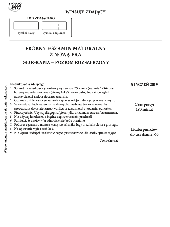 ГДЗ, решения к учебнику Egzamin maturalny Geografia. Poziom rozszerzony 2019. Arkusz próbny Nowa Era Украина