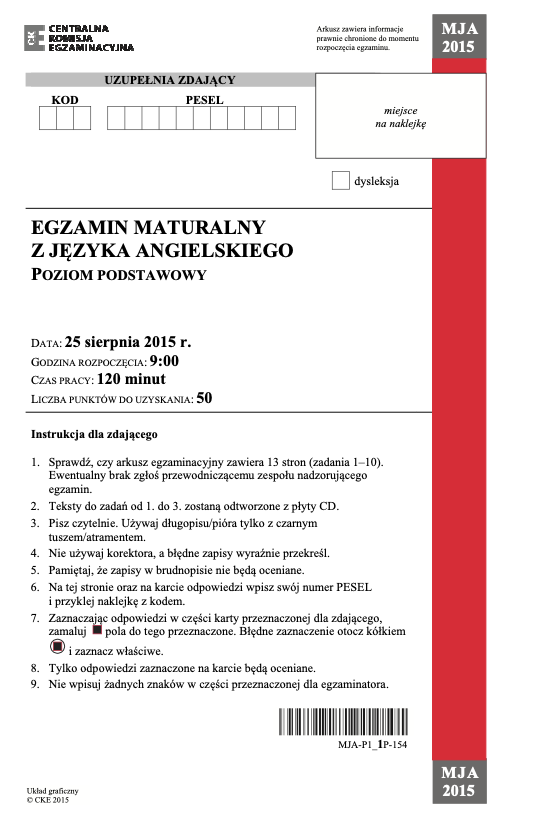 ГДЗ, решения к учебнику Egzamin maturalny Język Angielski. Poziom podstawowy 2015. Matura poprawkowa Украина