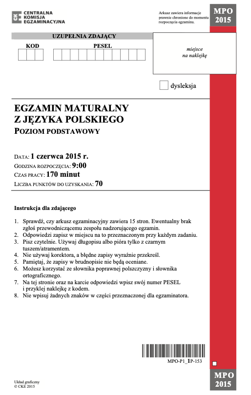 ГДЗ, решения к учебнику Egzamin maturalny Język polski. Poziom podstawowy 2015. Drugi termin Украина