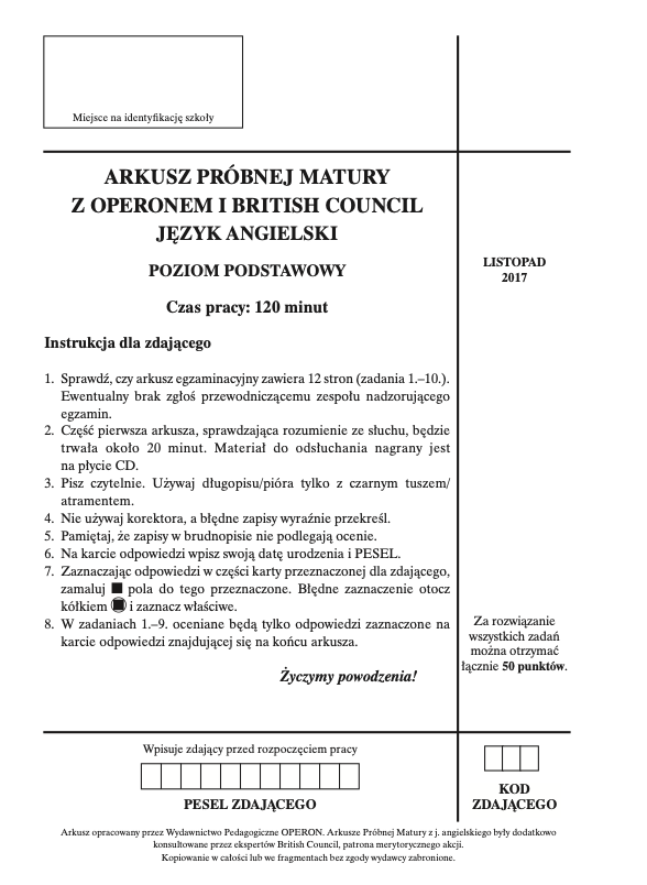 ГДЗ, решения к учебнику Egzamin maturalny Język Angielski. Poziom podstawowy 2018. Arkusz próbny Operon Украина